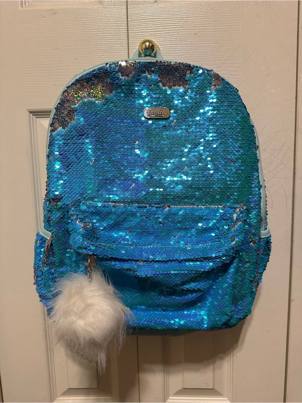 Justice Blue Sequin Kids Backpack with Faux Fur Charm